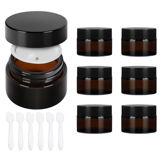 4 oz Amber Glass Round Jars with Black Lids, 6 Pack Empty Cosmetic Jars Face Cream Storage Containers for Powder,Lotion,Beauty Products,Travel Favors