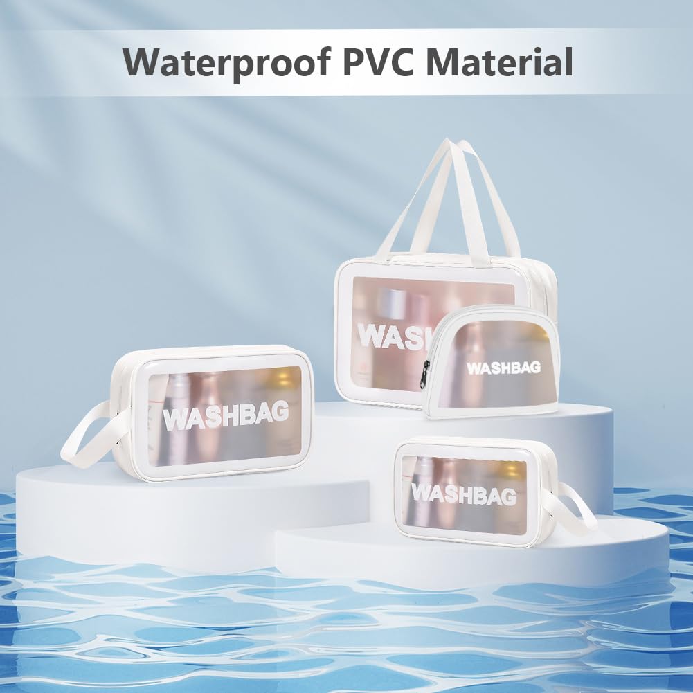 3PCS Clear Toiletry Bag, Wash Bag, Clear PU Makeup Bags, Waterproof Toiletry Travel Bags with Zipper Handle, Portable Airport Cosmetic B-ag for Travel Bathroom Men Women（Blue）