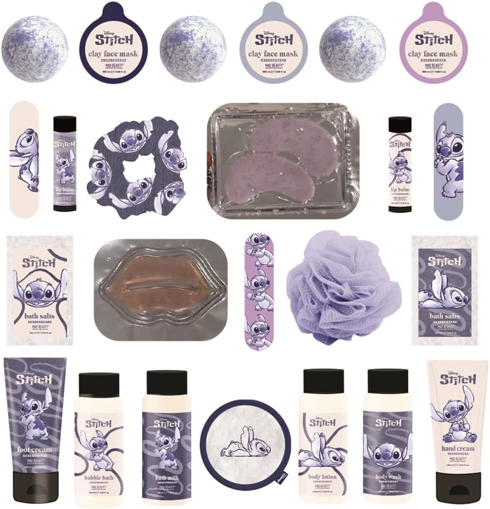 MAD Beauty Disney Stitch Advent Calendar with 24 Make-Up & Cosmetic Products, Wellness Advent Calendar for Women with Face Mask, Body Lotion, Hair Scrunchie, Christmas Calendar Beauty
