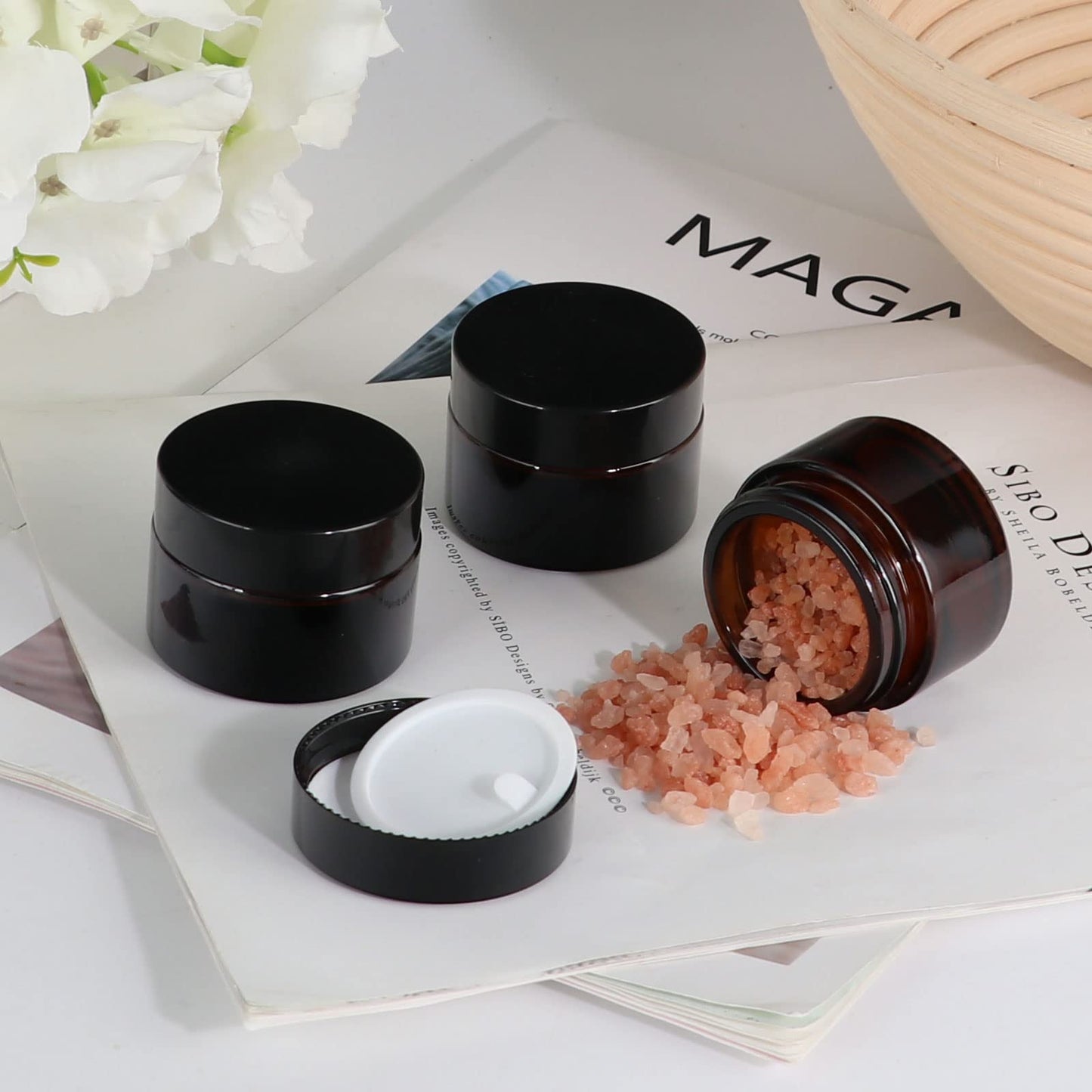 4 oz Amber Glass Round Jars with Black Lids, 6 Pack Empty Cosmetic Jars Face Cream Storage Containers for Powder,Lotion,Beauty Products,Travel Favors