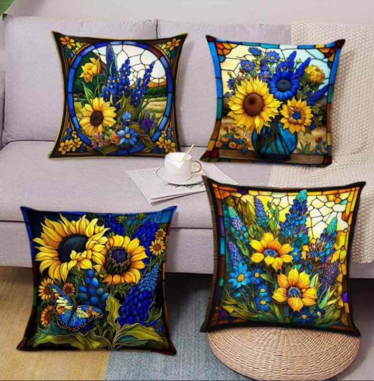 BAOKU Blue Sunflower Stained Cushion Covers,18x18 Inch Throw Pillow Covers Soft Pillowcases for Sofa Bed Home Garden Patio Decor Set of 4