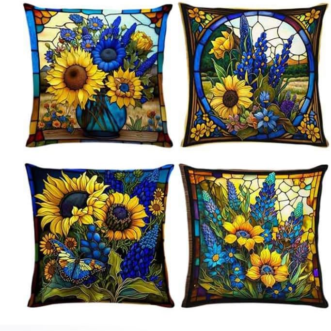 BAOKU Blue Sunflower Stained Cushion Covers,18x18 Inch Throw Pillow Covers Soft Pillowcases for Sofa Bed Home Garden Patio Decor Set of 4