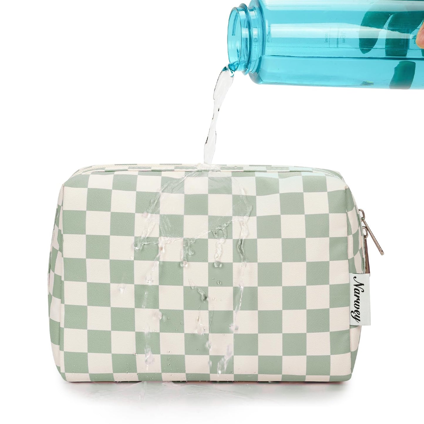 Large Makeup Bag Zipper Pouch Travel Cosmetic Organizer for Women (Mint Green Checkerboard, Large)