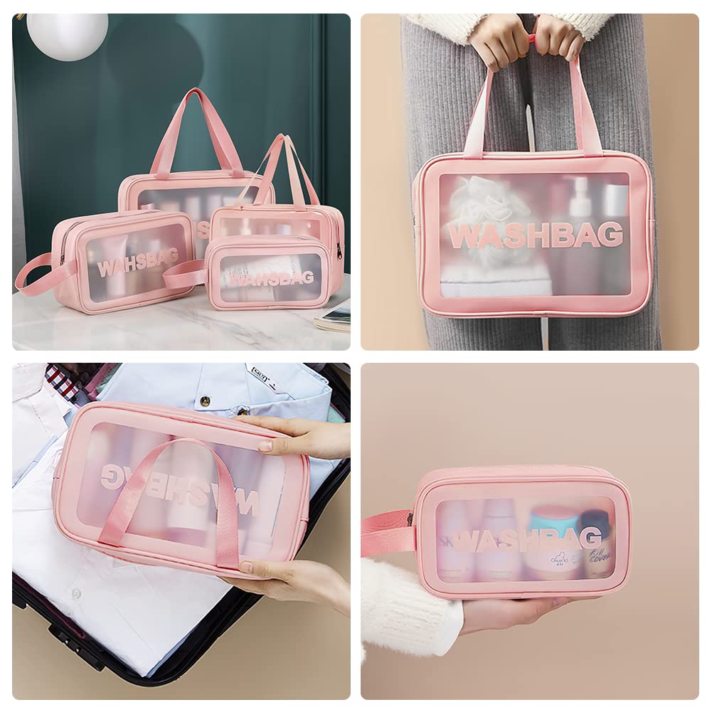 3PCS Clear Toiletry Bag, Wash Bag, Clear PU Makeup Bags, Waterproof Toiletry Travel Bags with Zipper Handle, Portable Airport Cosmetic B-ag for Travel Bathroom Men Women（Blue）