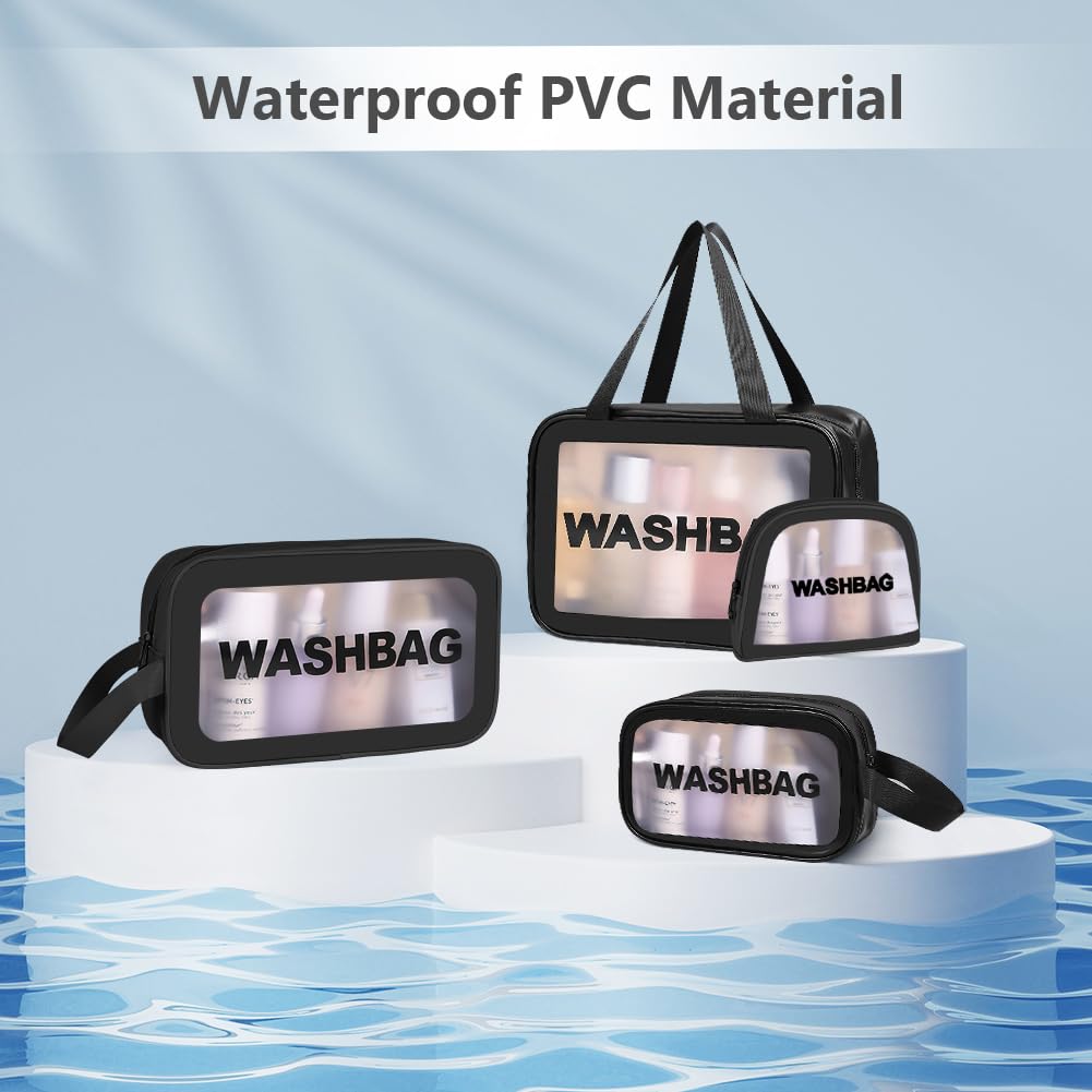 3PCS Clear Toiletry Bag, Wash Bag, Clear PU Makeup Bags, Waterproof Toiletry Travel Bags with Zipper Handle, Portable Airport Cosmetic B-ag for Travel Bathroom Men Women（Blue）