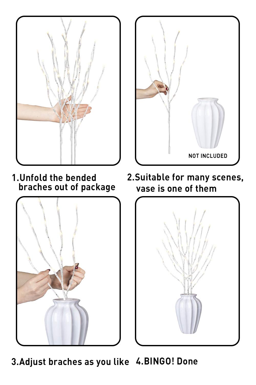 EAMBRITE 3PK 76cm Home Decorative Twig Lights Garden Stake Branch Lights with 60 Warm White LEDs Mains Powered Lighted Branches for Floor Vases Spring Xmas Decor Outdoor and Indoor