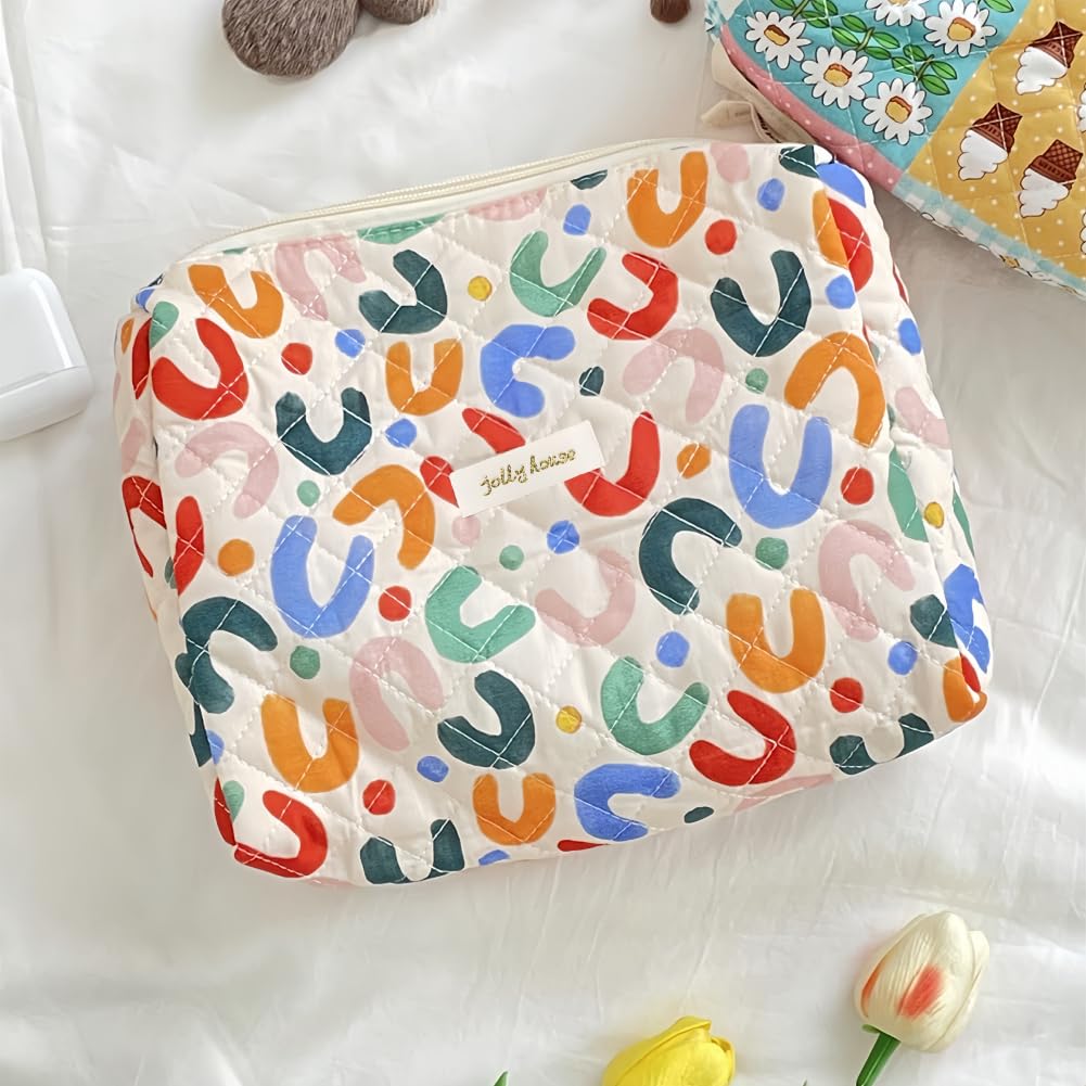 Aucuu Cotton Makeup Bag, Portable Travel Cosmetic Bag, Large Capacity Floral Toiletry Bags, Quilted Wash Bags Organizer for Women Girls