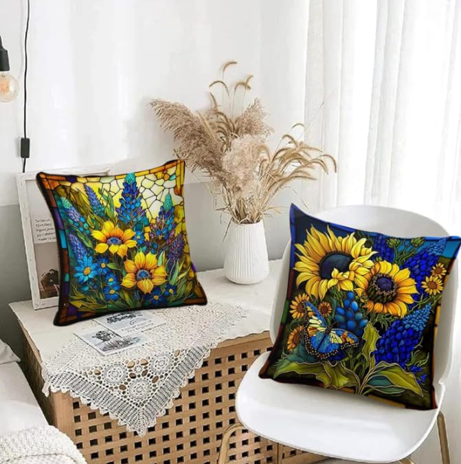 BAOKU Blue Sunflower Stained Cushion Covers,18x18 Inch Throw Pillow Covers Soft Pillowcases for Sofa Bed Home Garden Patio Decor Set of 4
