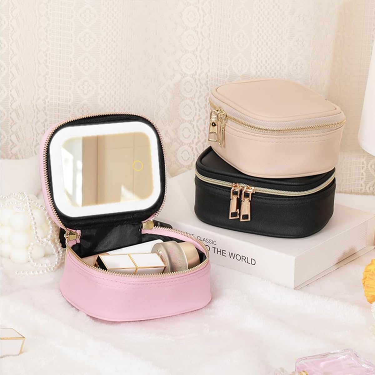 STORICANS Makeup Bag with Mirror, Travel Makeup Organiser Case with Mirror and Light, Mini Cosmetic Organizer, 3 Levels Brightness Adjustable, Portable Artist Storage for Women (Pink)