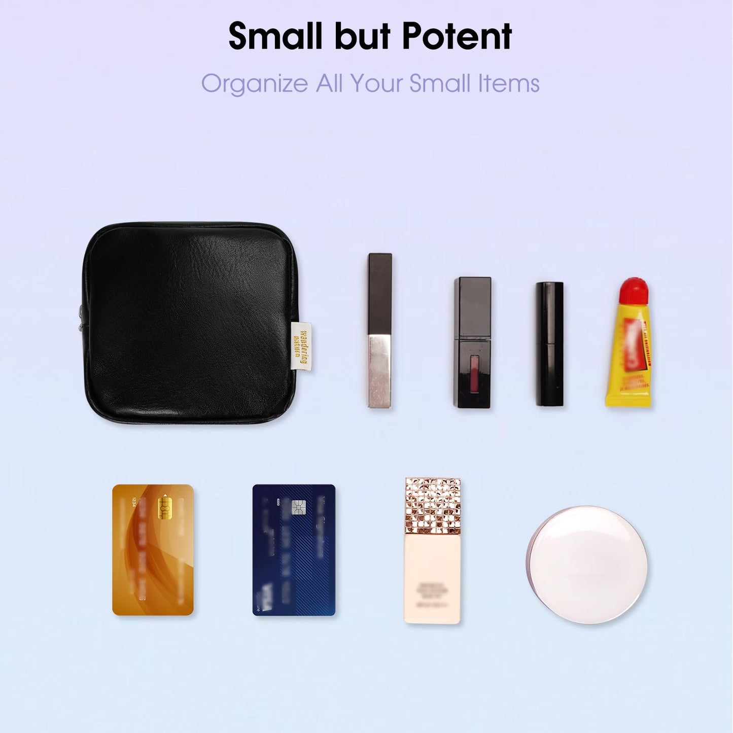 Small Makeup Bag for Handbag, Mini Make Up Bag for Purse, Small Makeup Pouch for Women, Cosmetic Bag with Slip-in Pockets, Vegan Leather Travel Makeup Bag, Black (Patent Pending)