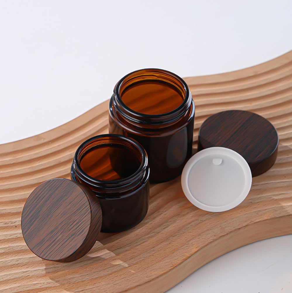 2 Packs 150ml /5 Oz Empty Amber Glass Jars Cosmetic Jar with Black Grain Lid and Inner Liner Refillable Cosmetic Makeup Face Mask Facial Cream Balm Lotion Storage Container Craft Candle Making