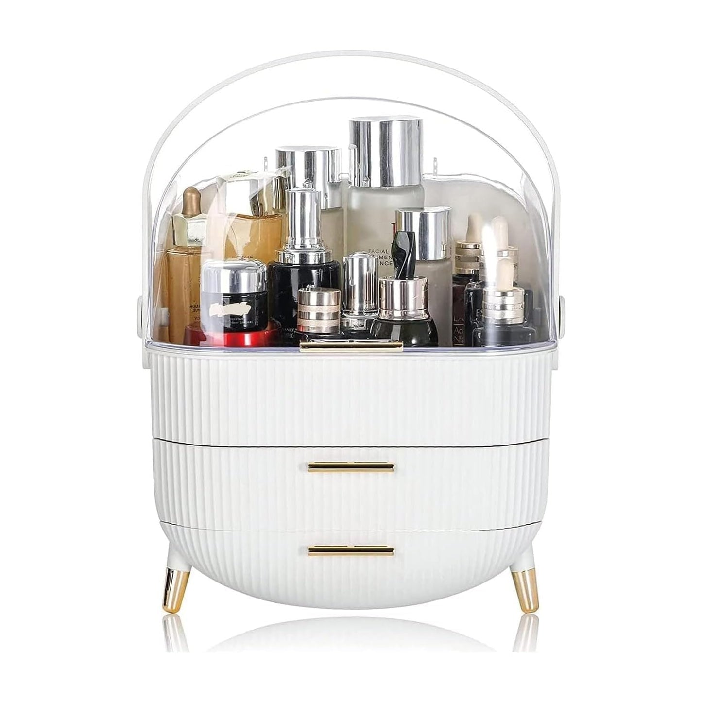 Makeup Organizer Box, Clear Cover Cosmetic Display Case with Two Tier Storage Box and Brush Storage Box, Skincare Organizers for Bathroom Countertop, Bedroom Vanity Desk and Travel (White)