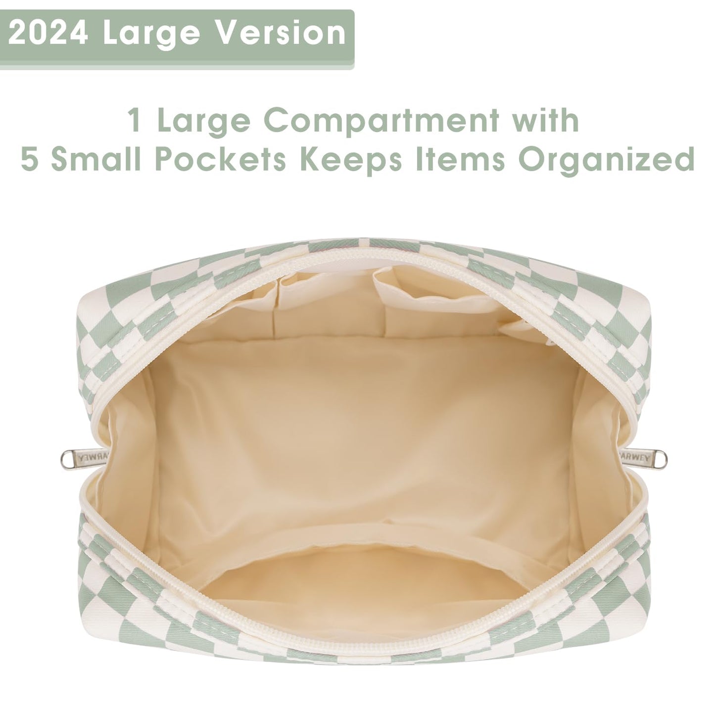 Large Makeup Bag Zipper Pouch Travel Cosmetic Organizer for Women (Mint Green Checkerboard, Large)