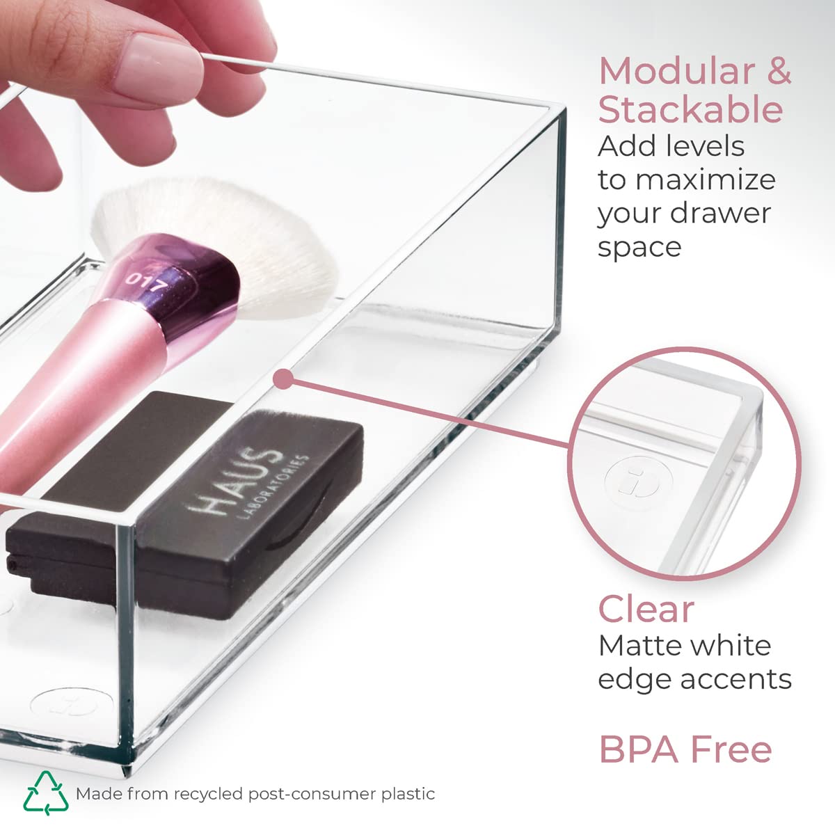 iDesign Storage Drawer from the Signature Series by Sarah Tanno, Rectangular PET Makeup Tray for Beauty Products, Cosmetic Organiser System, Clear/Matte White, 10.2 cm x 20.3 cm x 5 cm