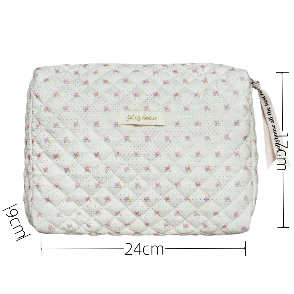 Aucuu Cotton Makeup Bag, Portable Travel Cosmetic Bag, Large Capacity Floral Toiletry Bags, Quilted Wash Bags Organizer for Women Girls