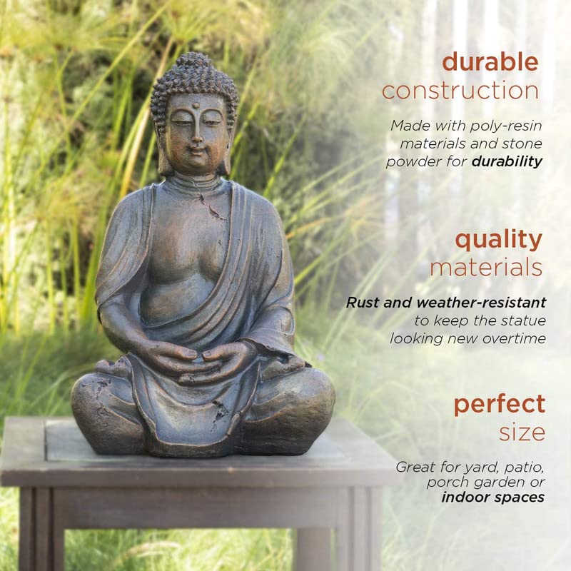 Sitting Buddha Garden Ornament Outdoor Statue Indoor Home Decor Bronzed Effect Figurine Table top Thai Meditating Décor Zen Weather Resistant 25cm Tall