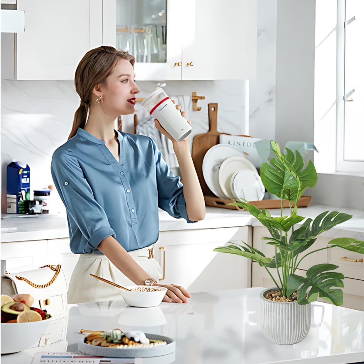 Artificial Plants in Pots, Fake Tropical Palm Tree with Greenery Leaves Stems,32CM Tall Taxu Plant for Office Desk Shelf,Garden,Home,Bathroom,Windowsill Decor