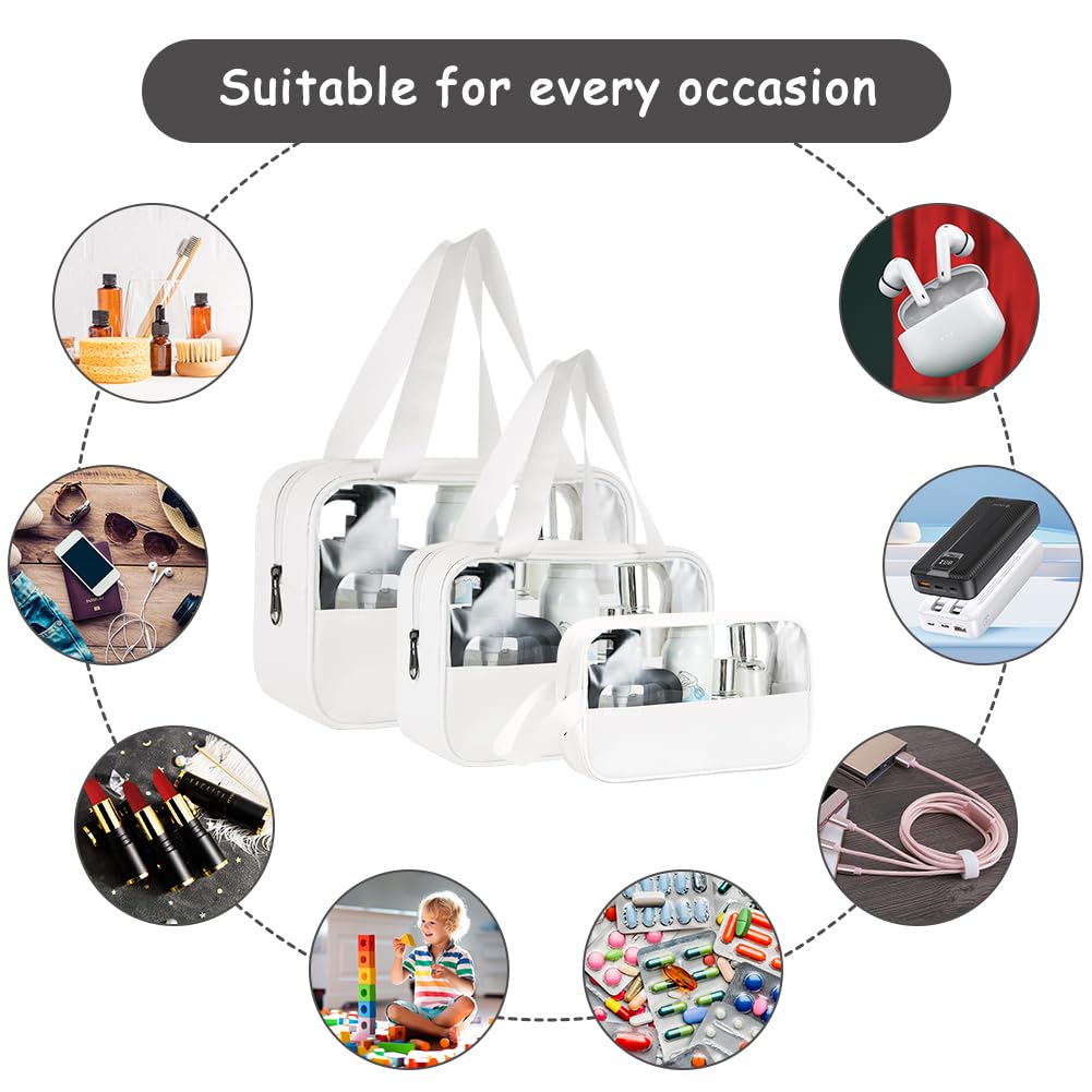 3PCS Clear Toiletry Bag, Wash Bag, Clear PU Makeup Bags, Waterproof Toiletry Travel Bags with Zipper Handle, Portable Airport Cosmetic B-ag for Travel Bathroom Men Women（Blue）