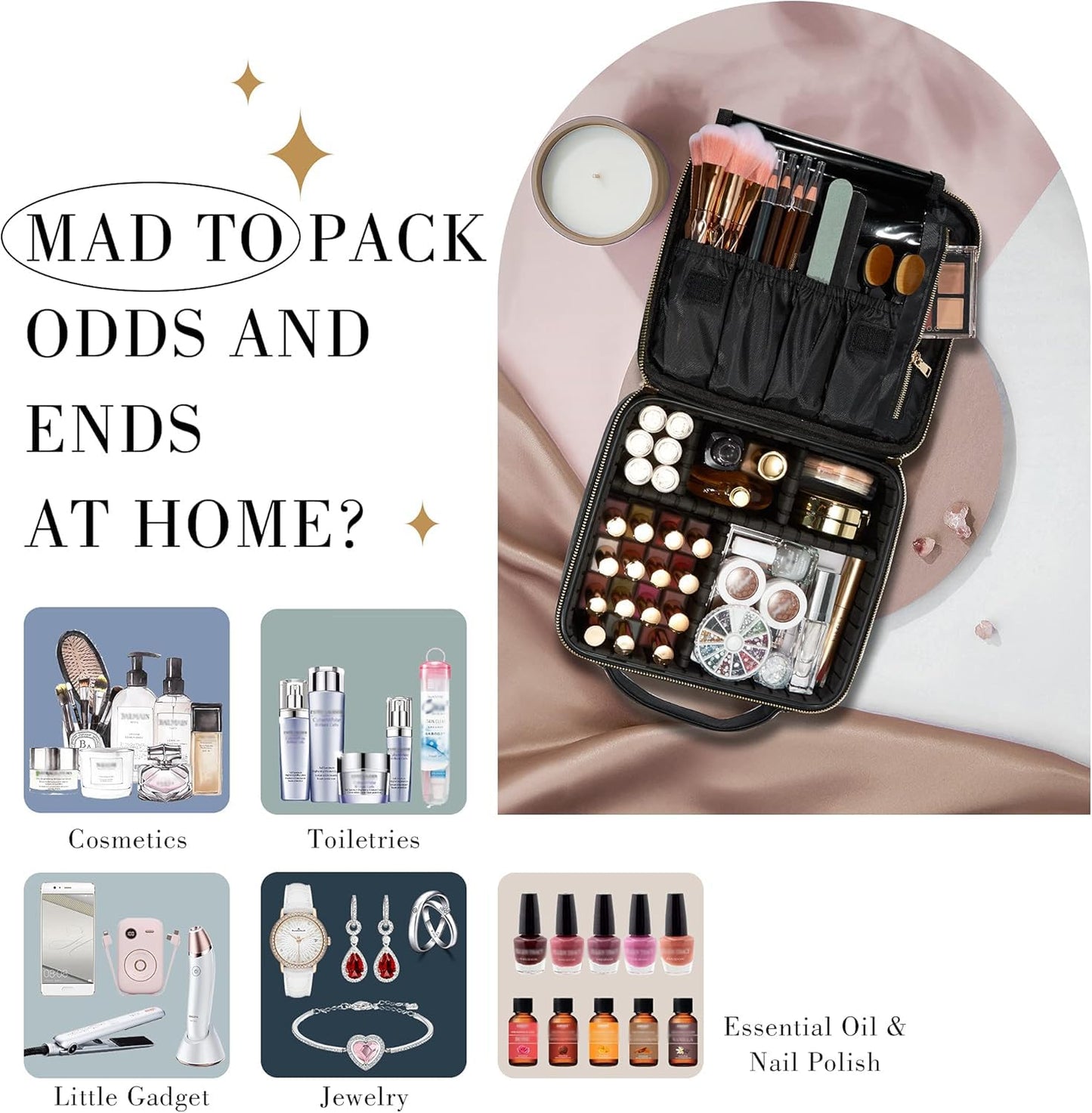 Joligrace Makeup Bag Cosmetic Case Vanity Travel Beauty Box Make Up Train Case Hairdressing Tools Organiser with Adjustable Compartment Oxford Fabric, Black