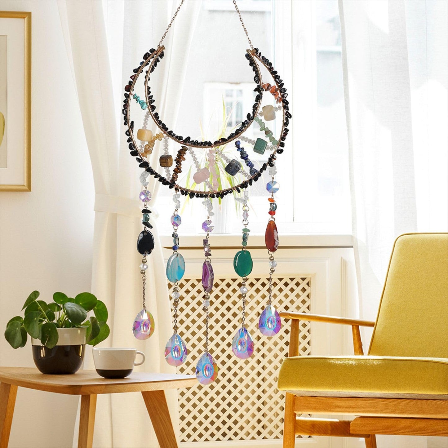 Moon Crystals Tree of Life Dream Catchers,Natural Gem Agate Wall Hangings for Windows Garden Home Décor (New moon shape)