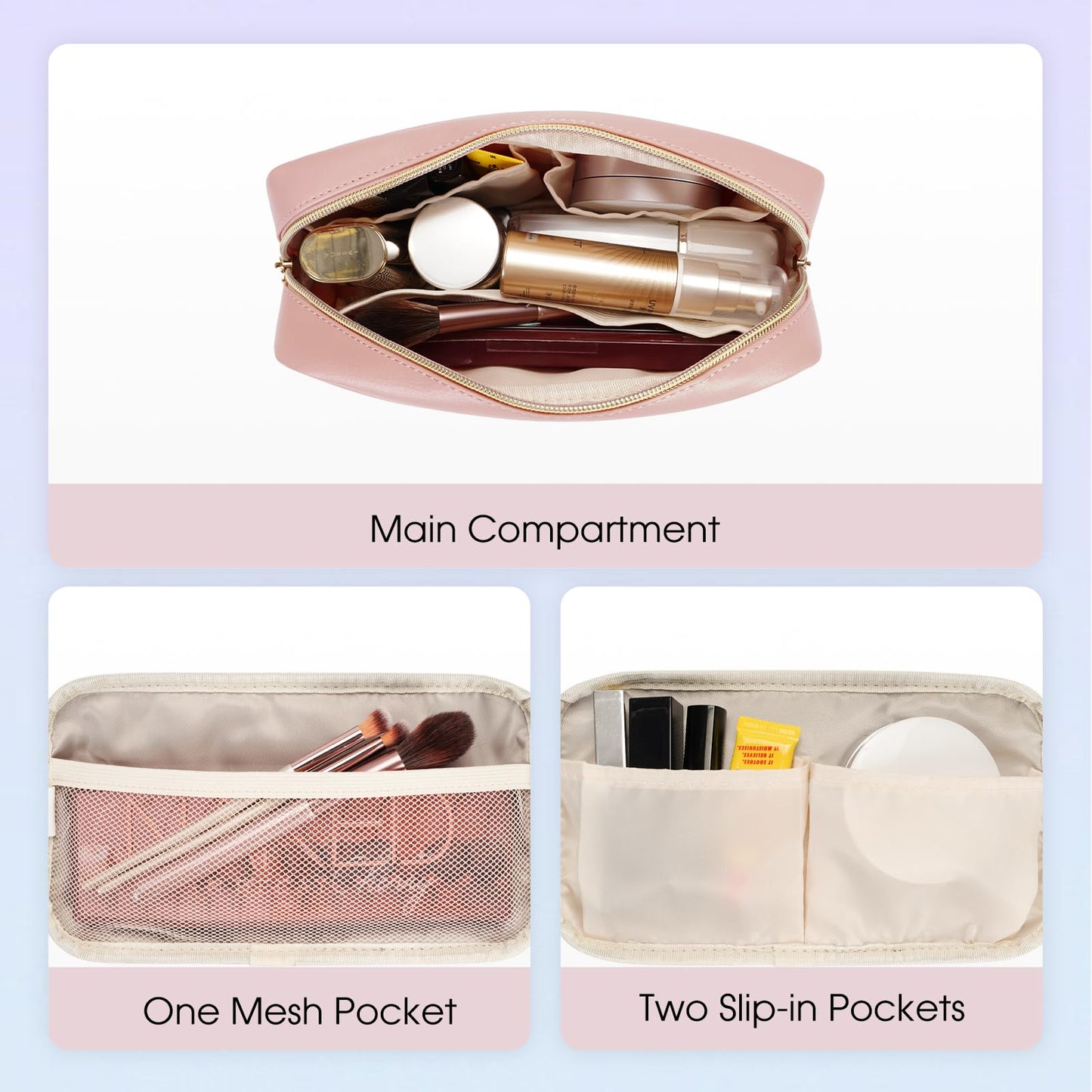 Small Makeup Bag for Handbag, Mini Make Up Bag for Purse, Small Makeup Pouch for Women, Cosmetic Bag with Slip-in Pockets, Vegan Leather Travel Makeup Bag, Black (Patent Pending)