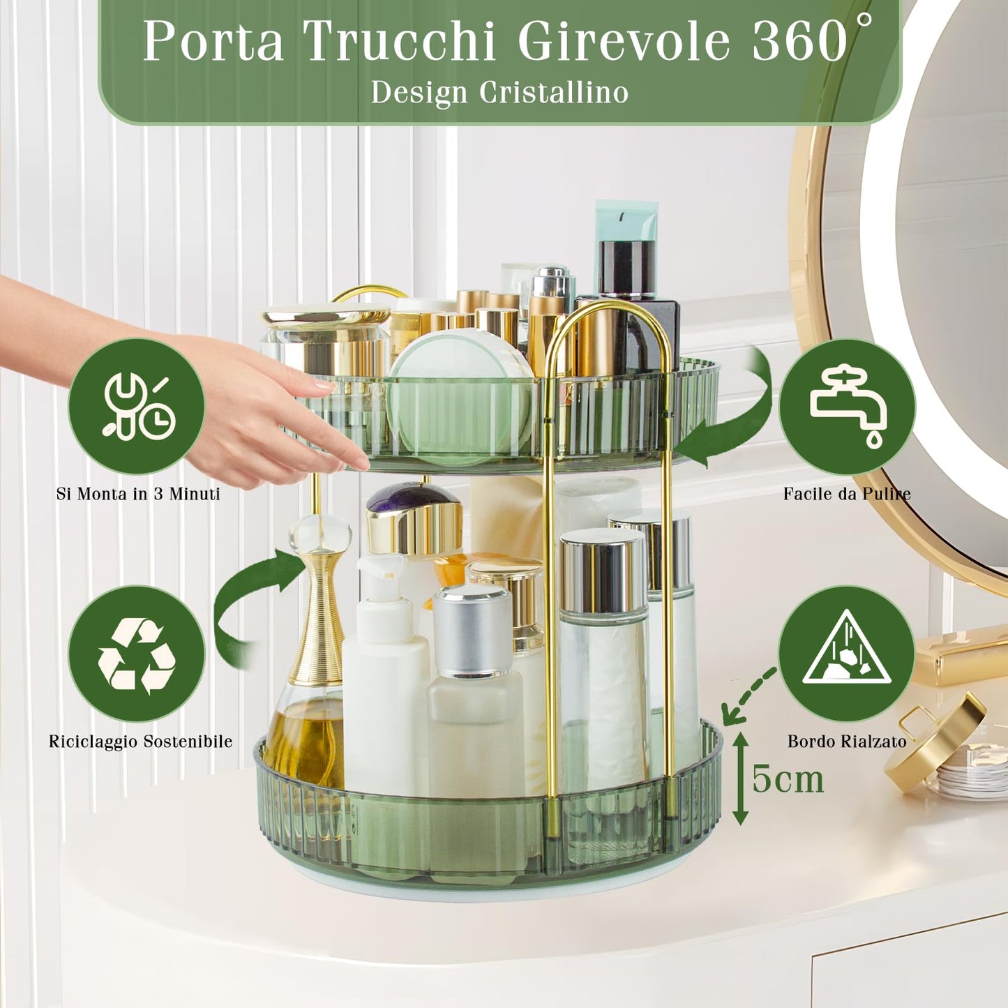 Boxalls Make up Organiser 360° Rotating, 3 Tier Large Capacity Bathroom Organizer, Cosmetics Vanity Storage, Dressing Table Organiser, Skincare Spinning Carousel for Skincare Perfume (3 Tiers, Green)