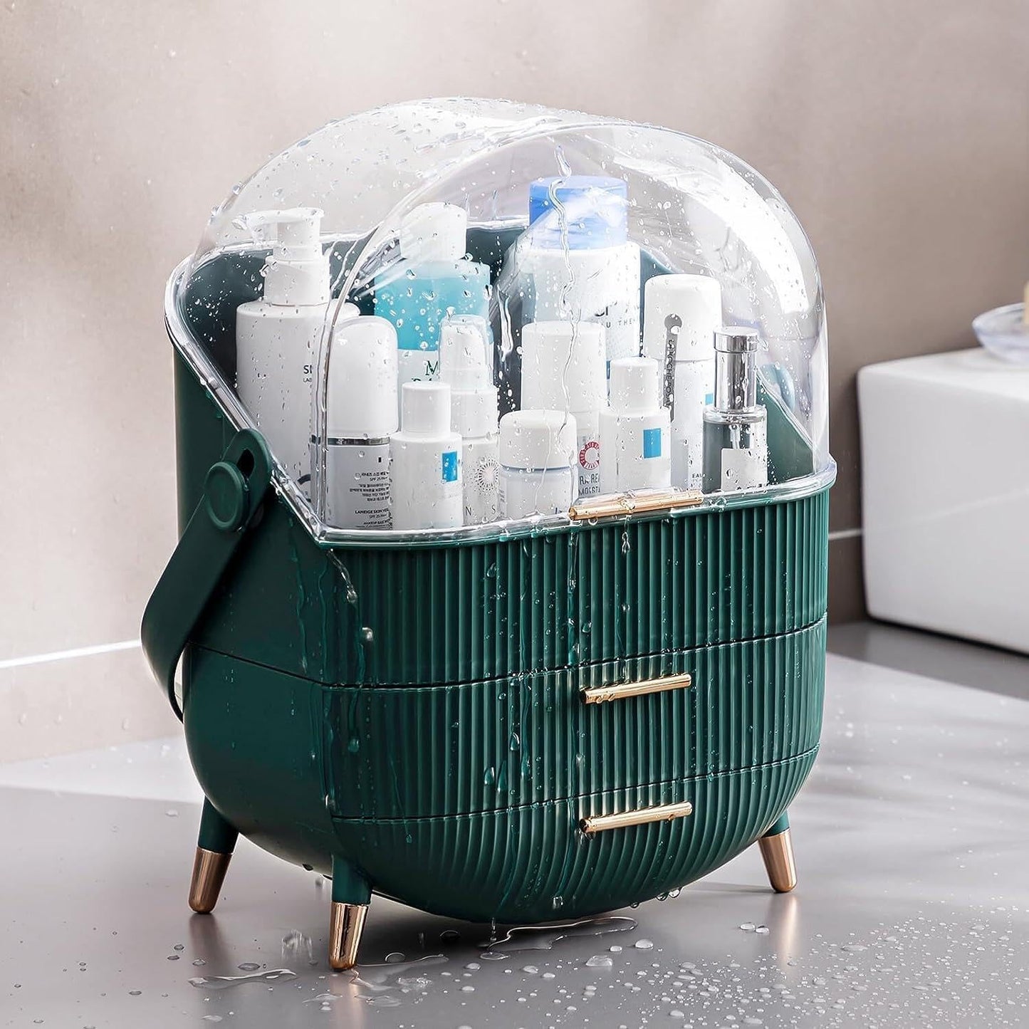 Makeup Organizer Box, Clear Cover Cosmetic Display Case with Two Tier Storage Box and Brush Storage Box, Skincare Organizers for Bathroom Countertop, Bedroom Vanity Desk and Travel (White)