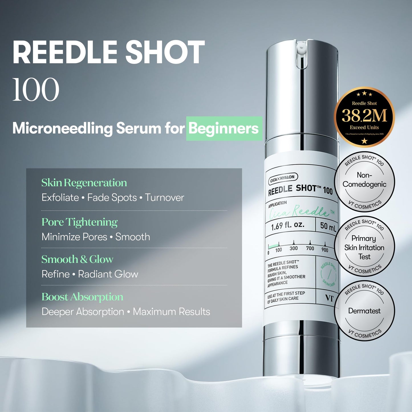 VT COSMETICS CICA Reedle Shot 100, Spicule Microneedling Serum for Pore Care & Exfoliation, Exosome, Centella Asiatica for Glass Skin, Skin Texture, Korean Liquid Skin Booster (1.69 Fl Oz / 50ml)