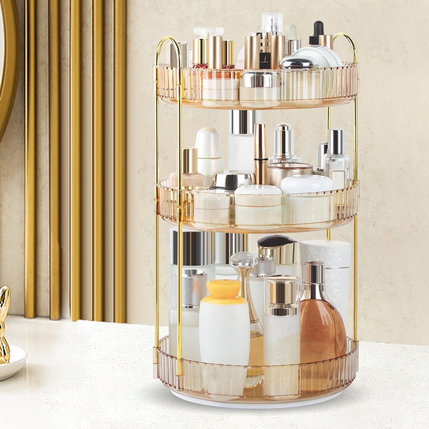 Boxalls Make up Organiser 360° Rotating, 3 Tier Large Capacity Bathroom Organizer, Cosmetics Vanity Storage, Dressing Table Organiser, Skincare Spinning Carousel for Skincare Perfume (3 Tiers, Green)