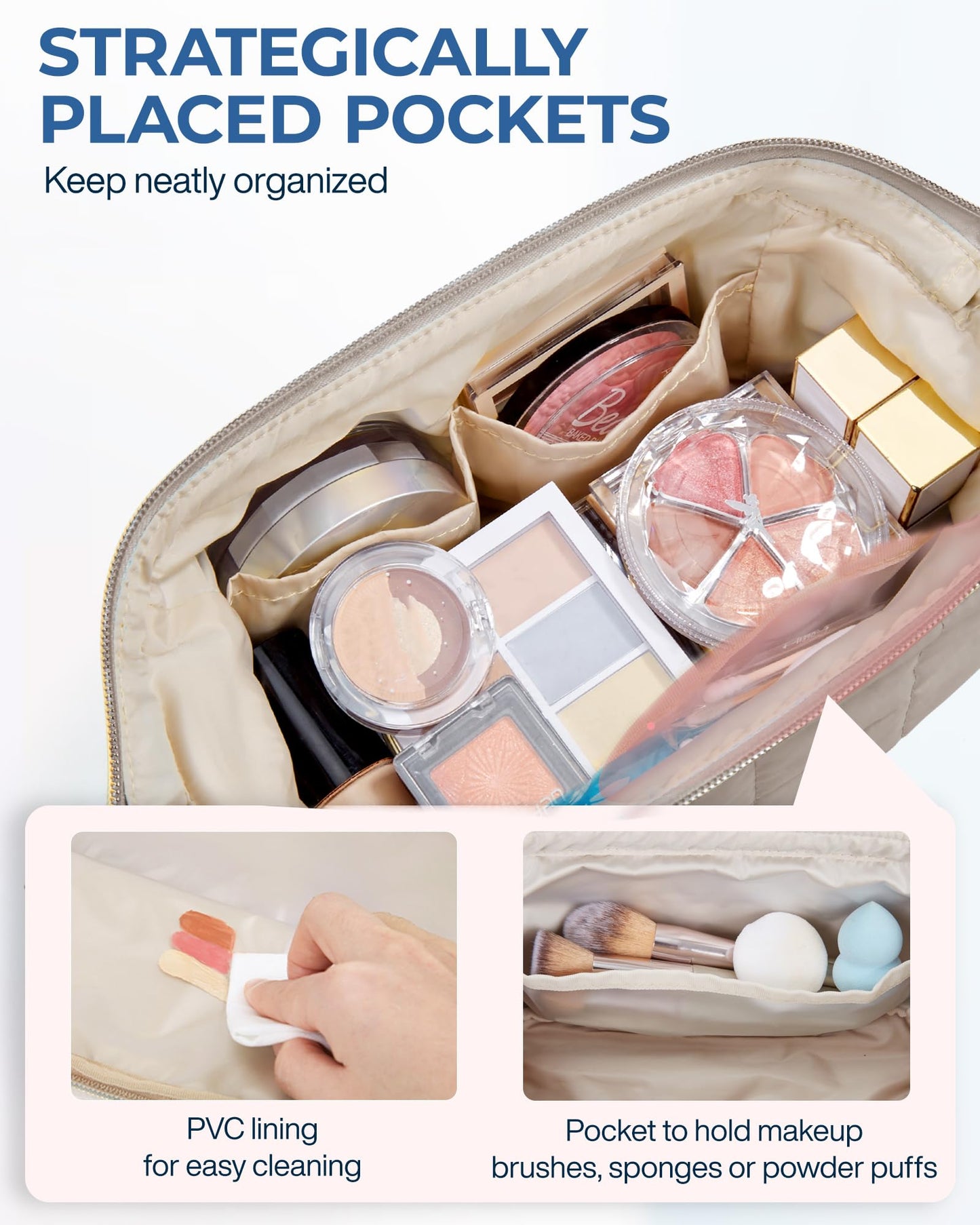 BAGSMART Makeup Bag Travel Cosmetic Bag, Puffy Padded Make Up Bags for Women, Large Capacity Wide-Open Travel-Size Toiletries Pouch, Purple