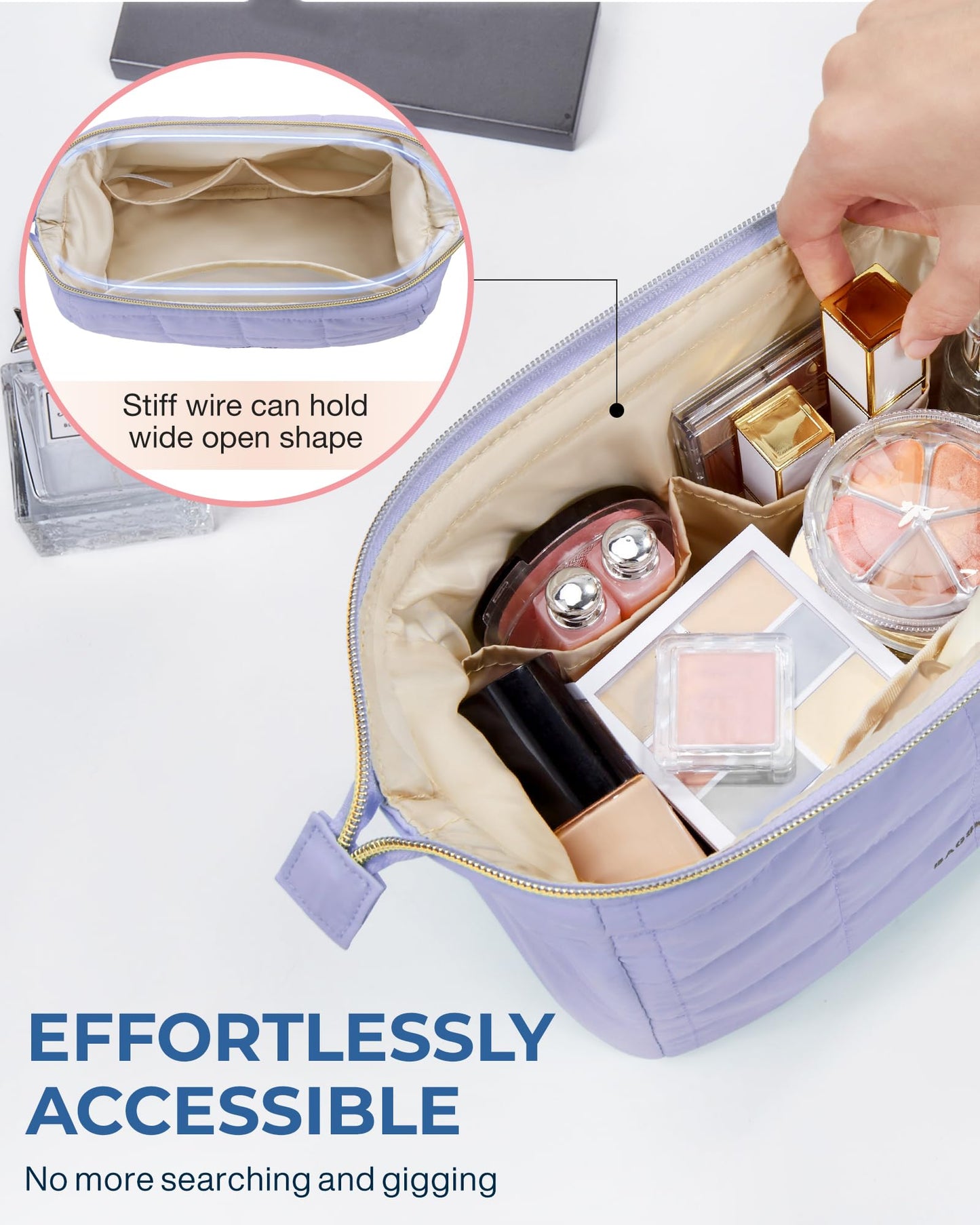 BAGSMART Makeup Bag Travel Cosmetic Bag, Puffy Padded Make Up Bags for Women, Large Capacity Wide-Open Travel-Size Toiletries Pouch, Purple