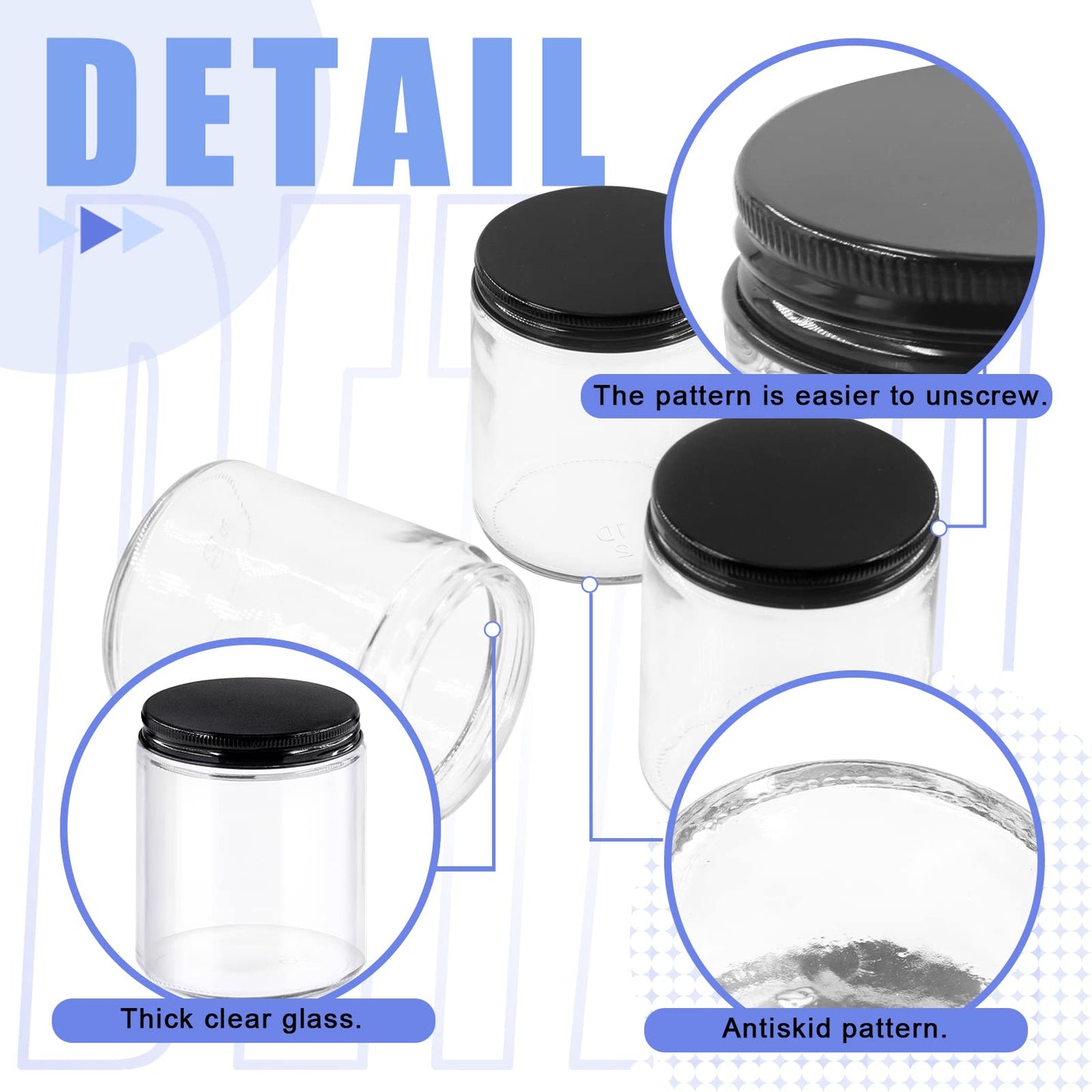 Glarks 8 Pack 8oz/240ml Glass Jars with Lids, Round Clear Glass Jars with Inner Liner and Black Lids for Storing Creams, Beauty Products, Cosmetic and Ointments