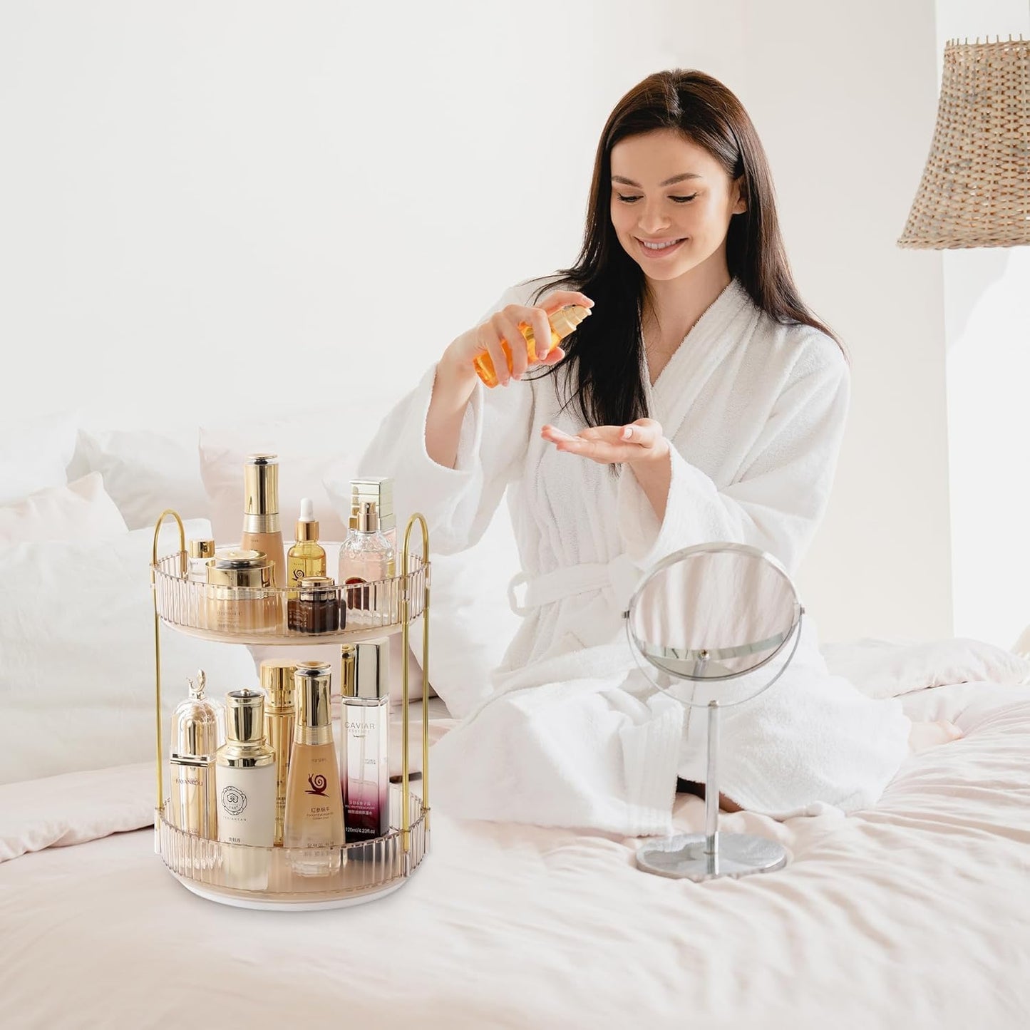 Rotating Makeup Organizer for Vanity, Large Skincare Make Up Storage Perfume Organizers for Bathroom Counter, Clear Cosmetic Lipstick Toiletry Dresser Organizer Spinning Holder