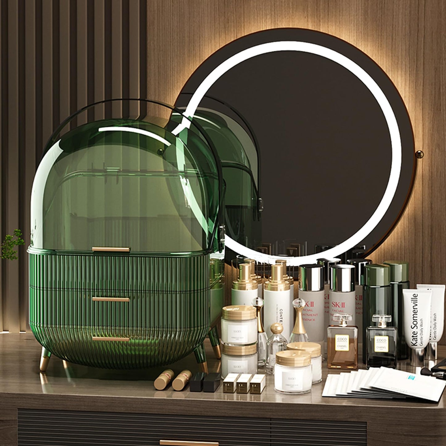 Multi-Function Make Up Case Dustproof Cosmetic Storage Box, Organizer Skin Care Products Jewelry Organizer Finishing Box for Bedroom Bathroom Desktop (Pink)