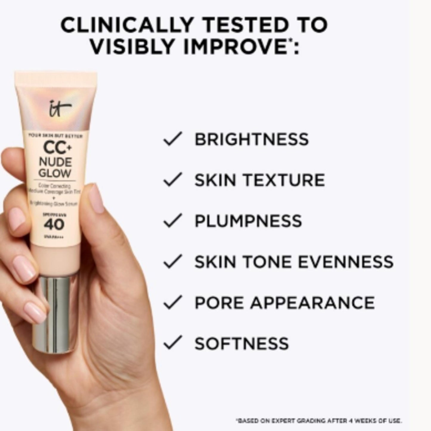 IT Cosmetics Your Skin But Better CC+ Cream Nude Glow, SPF 40, Lightweight Medium Coverage Foundation with 90% Skincare Base & 2% Niacinamide, for Brighter, Hydrated Skin, 32Ml