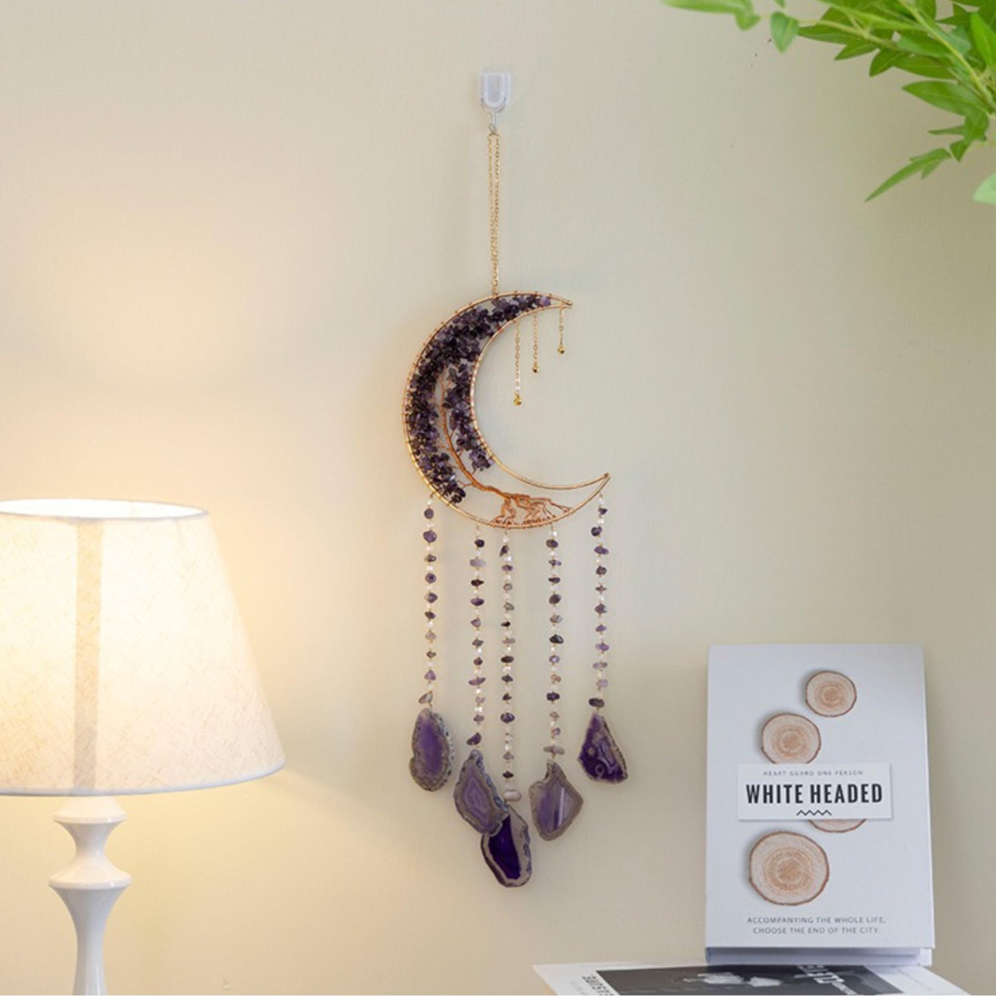 Moon Crystals Tree of Life Dream Catchers,Natural Gem Agate Wall Hangings for Windows Garden Home Décor (New moon shape)