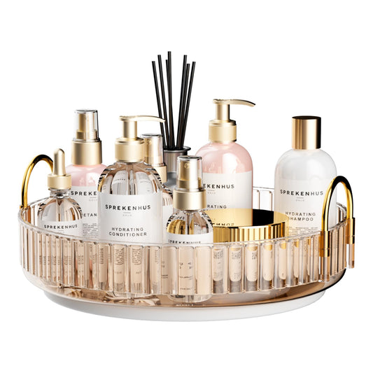 MOACC Rotating Makeup Organizer for Vanity 2 Tier, High-Capacity Skincare Clear Make Up Storage Perfume Organizers Cosmetic Dresser Organizer Countertop 360 Spinning (Gold)