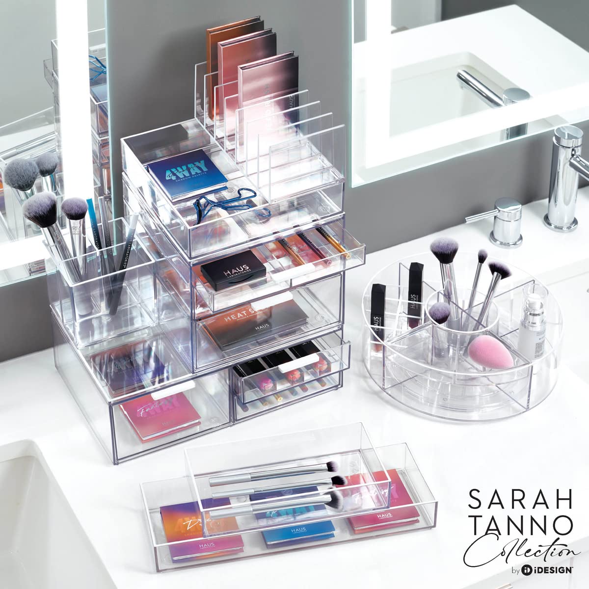 iDesign Storage Drawer from the Signature Series by Sarah Tanno, Rectangular PET Makeup Tray for Beauty Products, Cosmetic Organiser System, Clear/Matte White, 10.2 cm x 20.3 cm x 5 cm