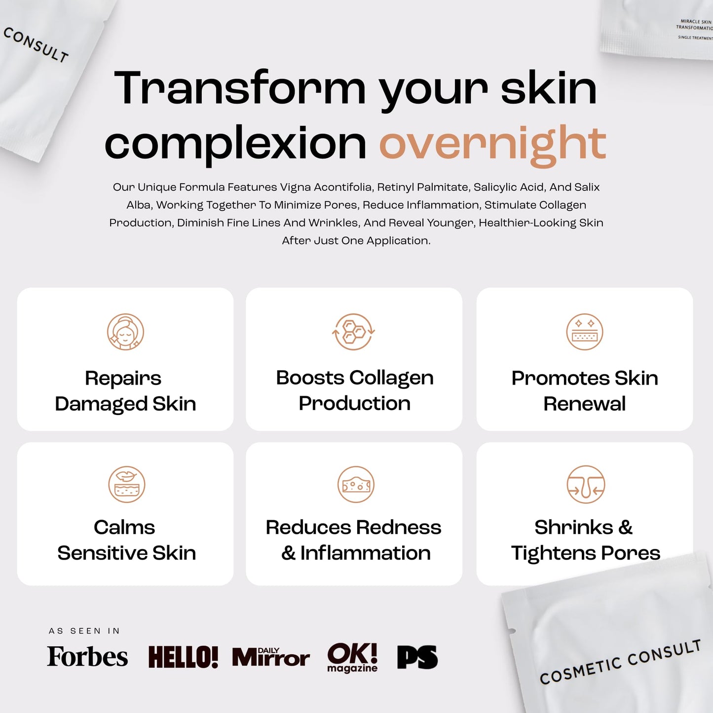 Cosmetic Consult Miracle Skin Transformation By Ashley Stobart | Rejuvenates & Refreshes Skin Overnight, Smooths Wrinkles & Acne, Boosts Collagen, Anti-Ageing Skin Cleanser | 4 x Skincare Sachets