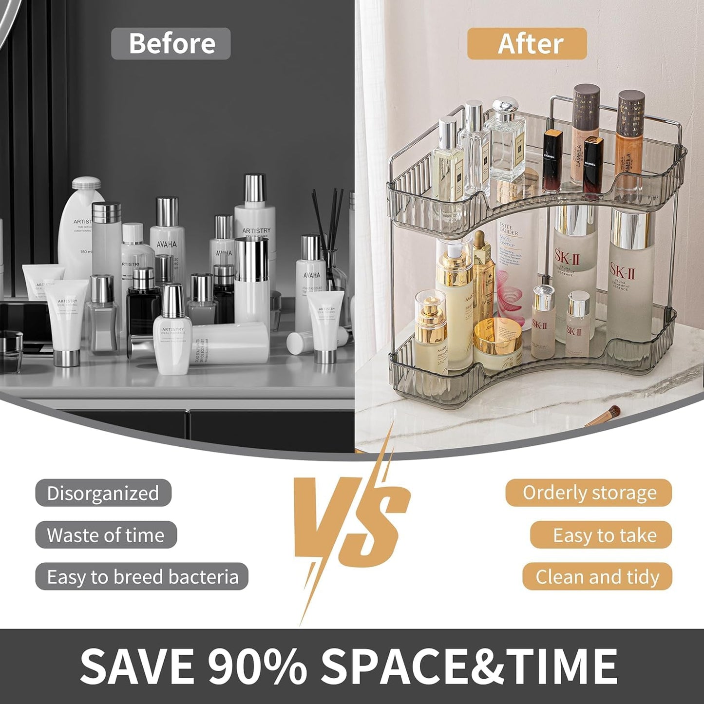 Bingobang Makeup Organiser Corner Trays, 3 Tiers Skincare Cosmetic Organizer Acrylic Large, Storage Tidy for Lipstick, Nail Care, Perfume, Brush, Vanity Dresser, Bedroom, Kitchen, Bathroom(Grey)