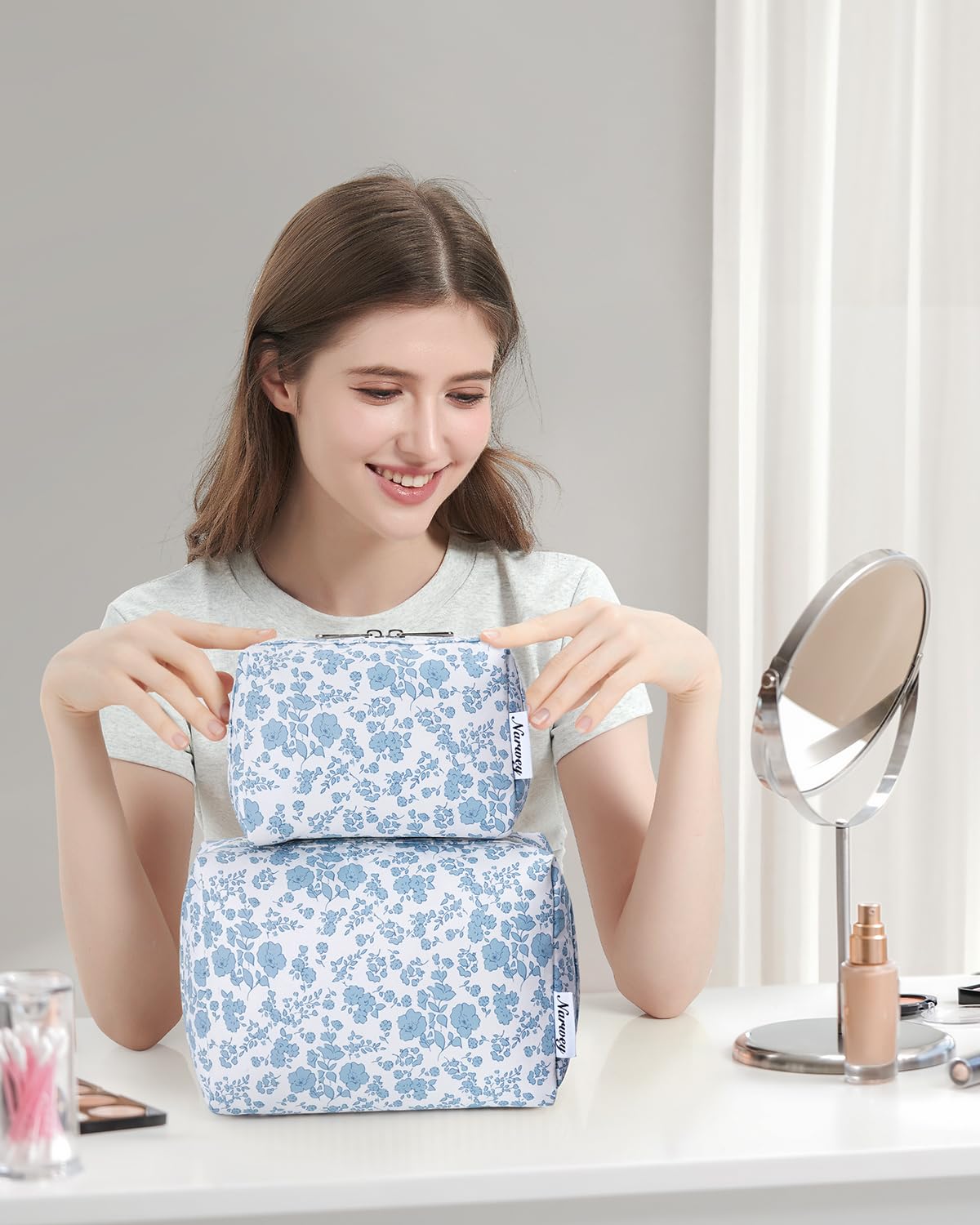 Large Makeup Bag Zipper Pouch Travel Cosmetic Organizer for Women (Mint Green Checkerboard, Large)