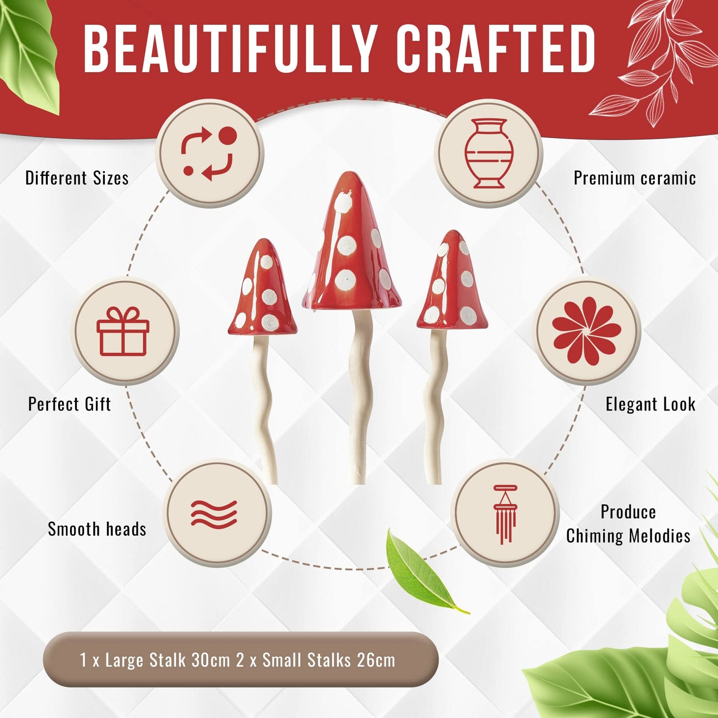 HH Home Hut Tinkling Ceramic Toadstools - Colourful Garden Ornaments, Mushrooms Plant Pot Set of 3 Outdoor Decor, Kids Gardening Set Fairy Garden Large Accessory (Yellow, Red, Orange)