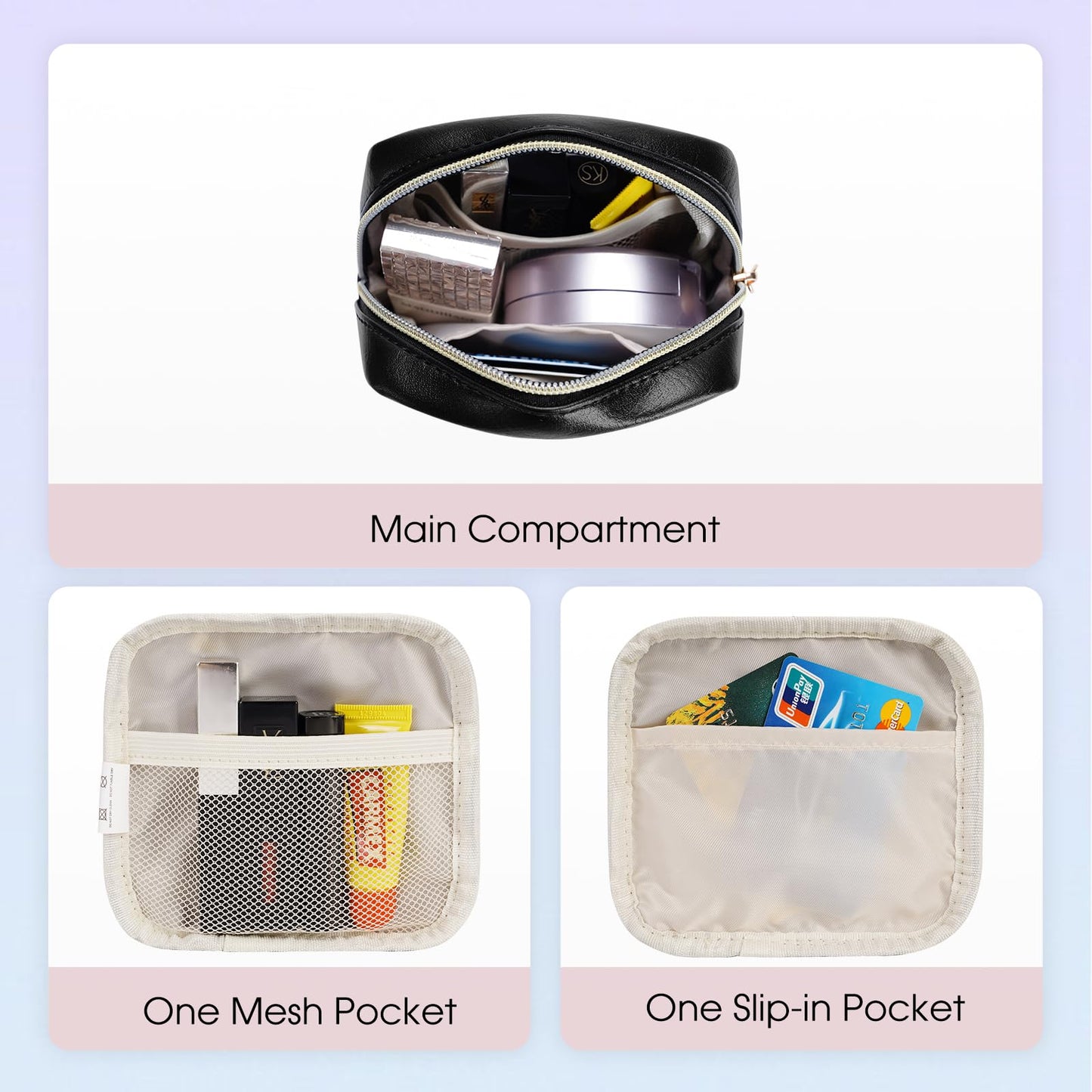 Small Makeup Bag for Handbag, Mini Make Up Bag for Purse, Small Makeup Pouch for Women, Cosmetic Bag with Slip-in Pockets, Vegan Leather Travel Makeup Bag, Black (Patent Pending)