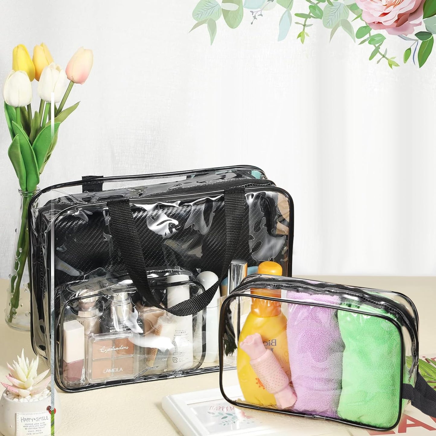 2 Pack Clear Wash Bag for Toiletries, Large/Small Clear Travel Toiletries Bag Thickened PVC Waterproof Makeup Bags with Handles Travel Wash Bags with Zippers for Women Girls Men