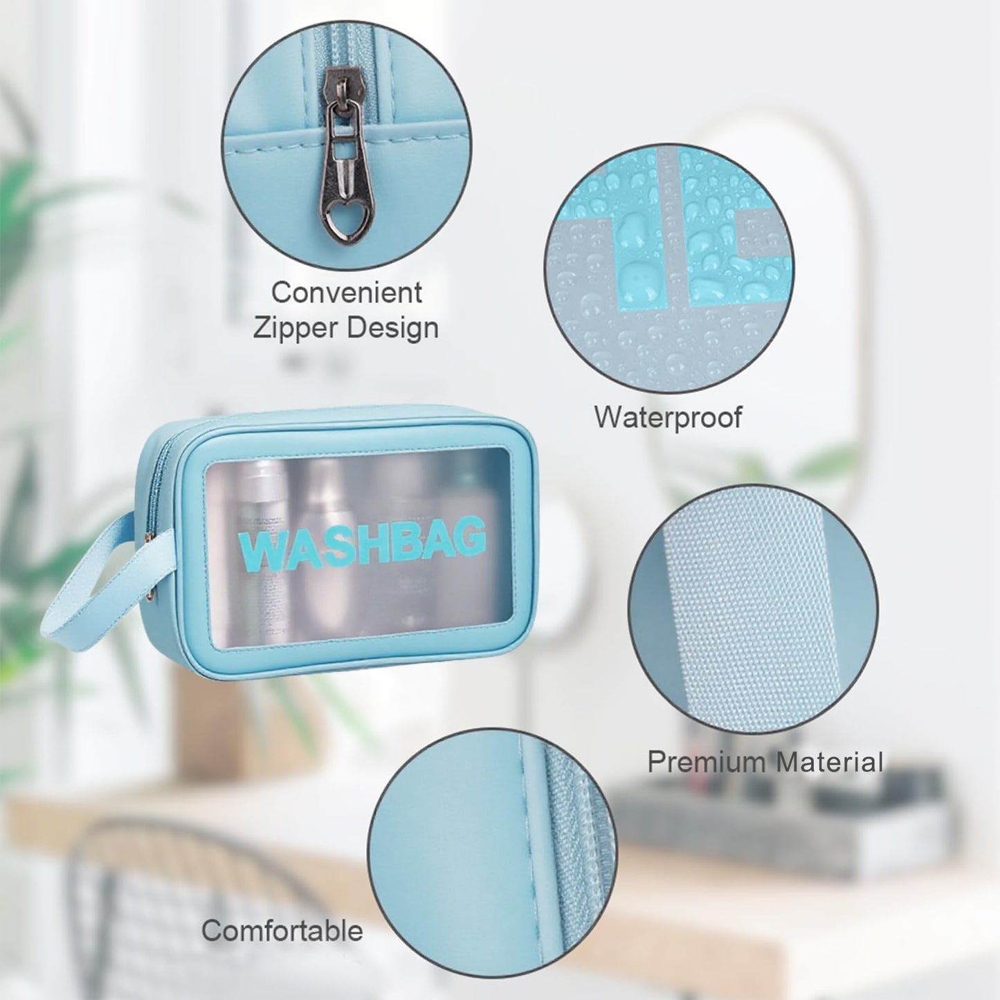 3PCS Clear Toiletry Bag, Wash Bag, Clear PU Makeup Bags, Waterproof Toiletry Travel Bags with Zipper Handle, Portable Airport Cosmetic B-ag for Travel Bathroom Men Women（Blue）