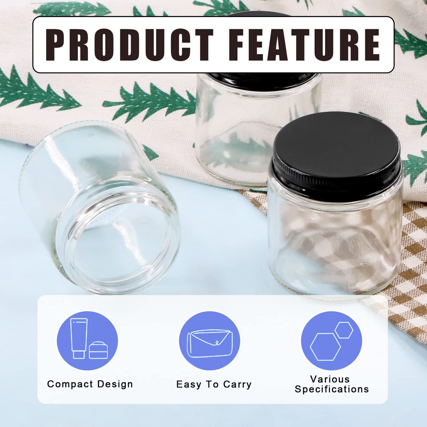 Glarks 8 Pack 8oz/240ml Glass Jars with Lids, Round Clear Glass Jars with Inner Liner and Black Lids for Storing Creams, Beauty Products, Cosmetic and Ointments