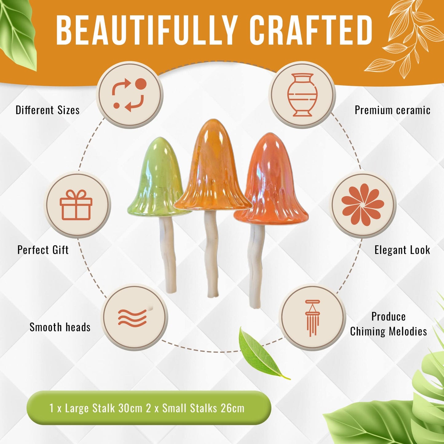 HH Home Hut Tinkling Ceramic Toadstools - Colourful Garden Ornaments, Mushrooms Plant Pot Set of 3 Outdoor Decor, Kids Gardening Set Fairy Garden Large Accessory (Yellow, Red, Orange)