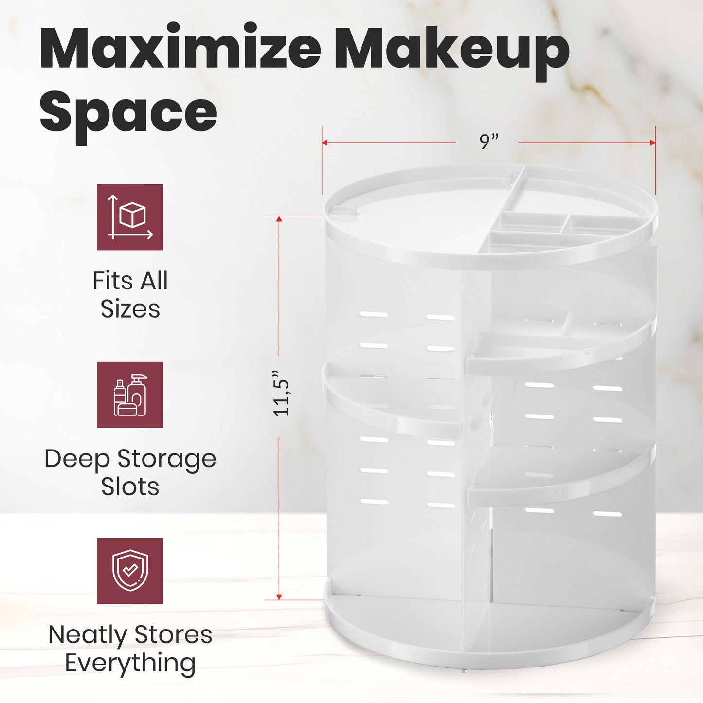 360 Rotating Makeup Organizer - Adjustable Shelf Height and Fully Rotatable. The Perfect Cosmetic Organizer for Bedroom Dresser or Vanity Countertop. (Black)