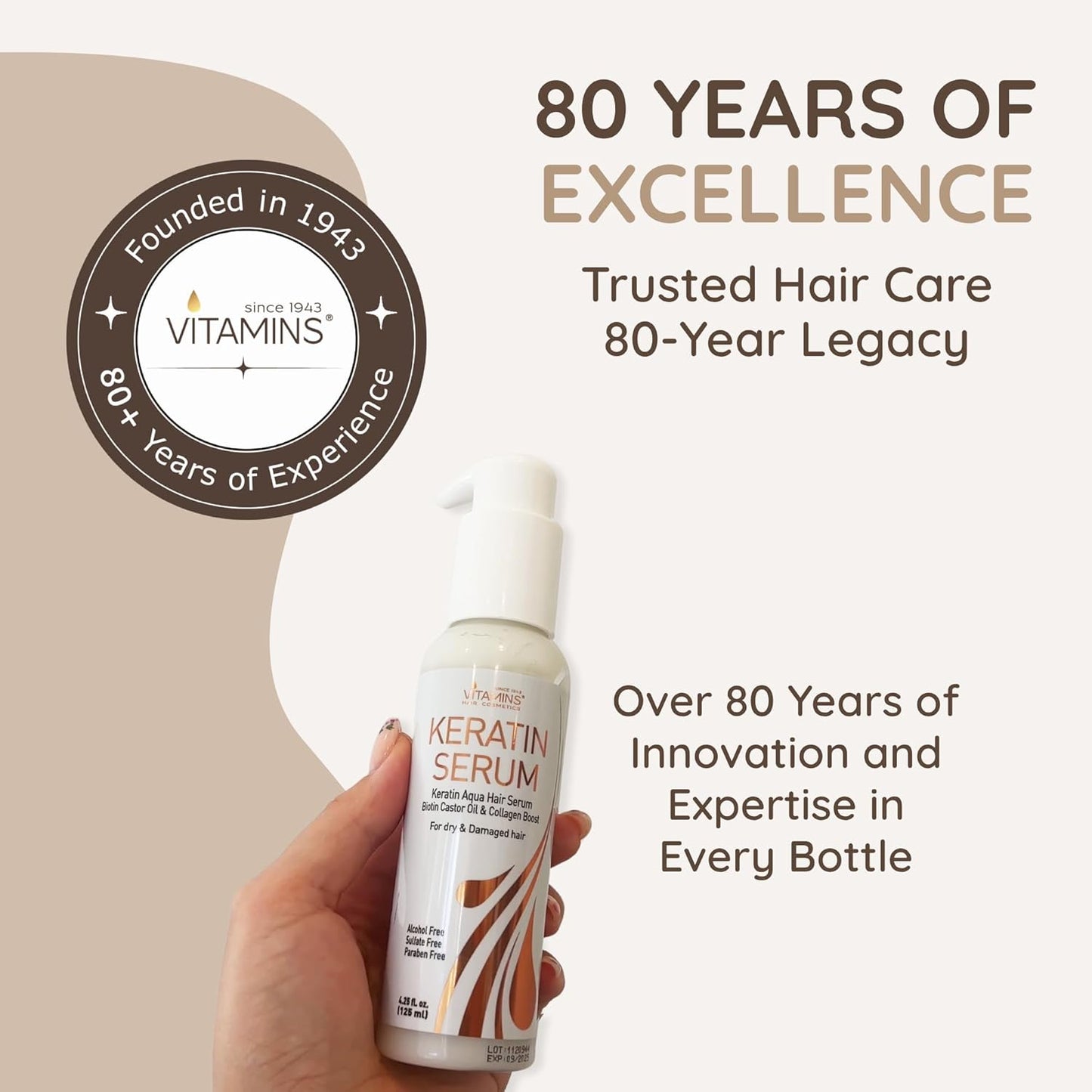 VITAMINS hair cosmetics Hair Serum for Frizzy Mane - Keratin Hair Treatment, Anti Frizz Moisturiser for Dry Damaged Locks - Heat Protection and Strengthening with Biotin & Collagen