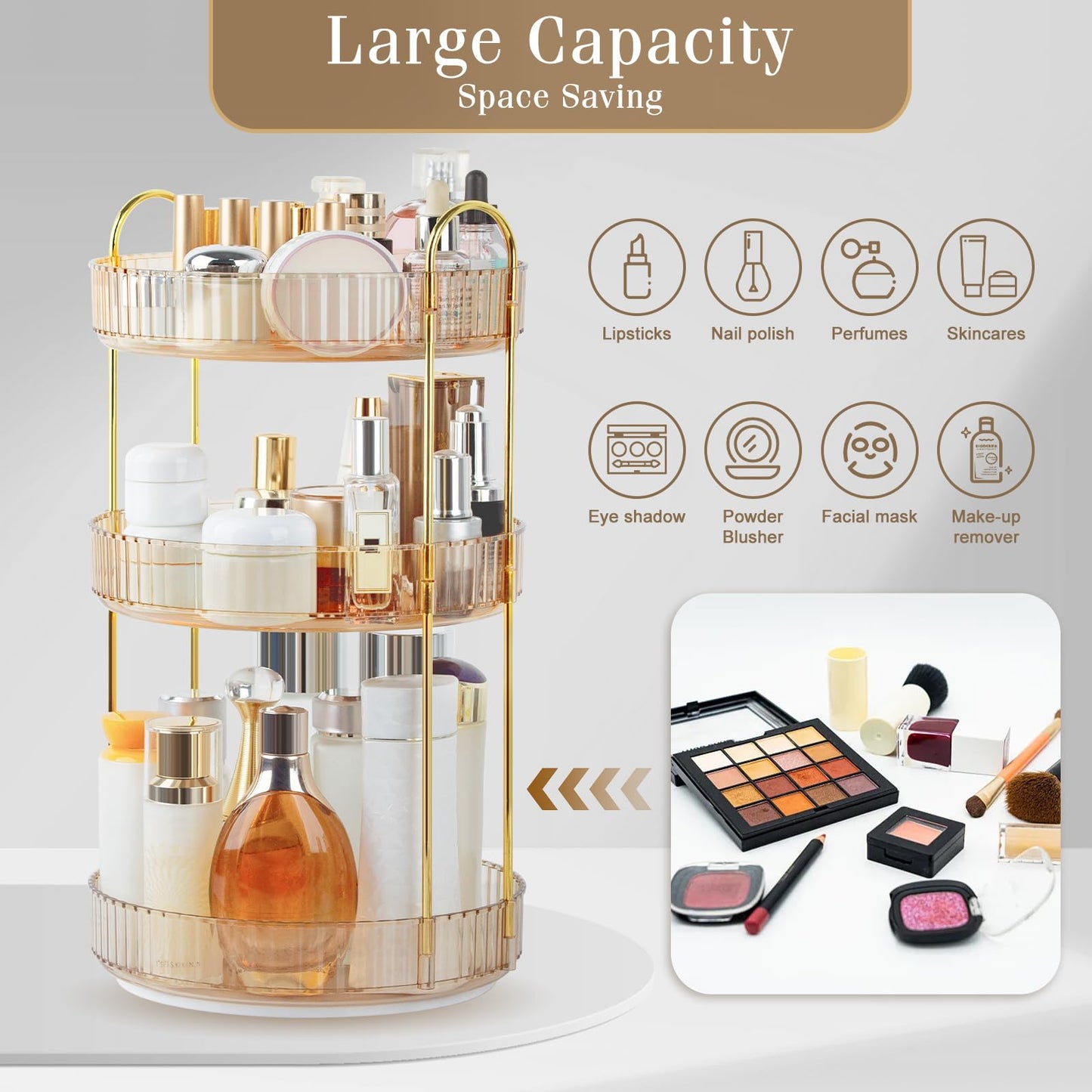 Boxalls Make up Organiser 360° Rotating, 3 Tier Large Capacity Bathroom Organizer, Cosmetics Vanity Storage, Dressing Table Organiser, Skincare Spinning Carousel for Skincare Perfume (3 Tiers, Green)